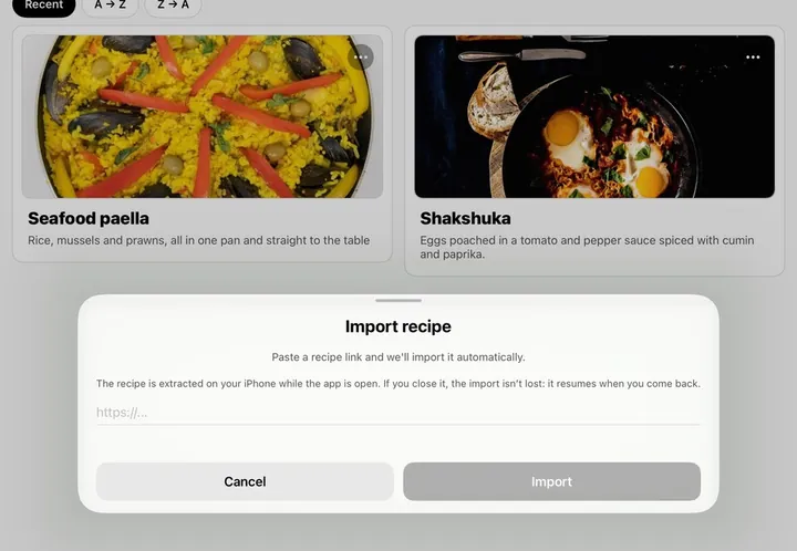 The import dialog over the recipe library on iPad