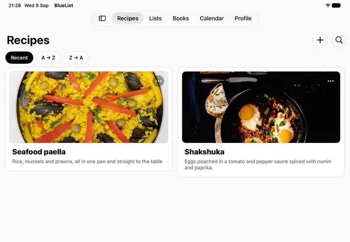 The recipe library on iPad