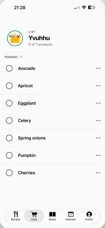 A shopping list with seven pending products on iPhone